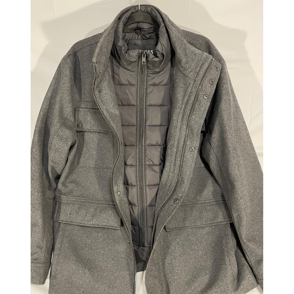 GUESS MENS XL GRAY WOOL-BLEND FIELD COAT JACKET ZIP OUT PUFFER BIB